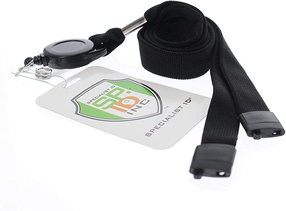 Specialist ID Bulk 25 Pack - Comfort Black Breakaway Lanyard & Retractable Badge Reel Combo - Stretchy Neck Strap with Retracting Reel Cord for Office Badges, Keys and Access Cards