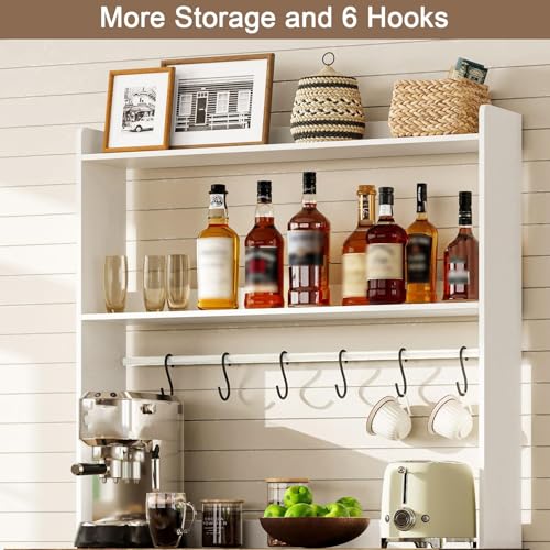 ChooChoo Farmhouse Bakers Rack with Power Outlets and Storage, Coffee Bar Cabinet with Storage, Microwave Stand Kitchen Cabinet with Hutch and 6 Hooks, Soft White & Brown: Home & Kitchen - view 3