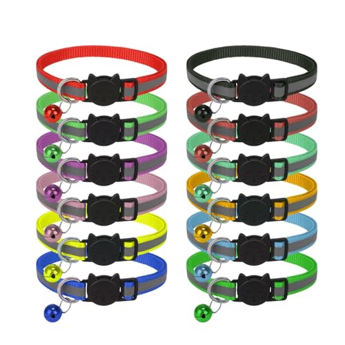 12pcs Reflective Cat Collar with Bell Reflective Cat Collars Quick Release Kitten Collars with Bell Adjustable to Fit All Cats (Mix Color)