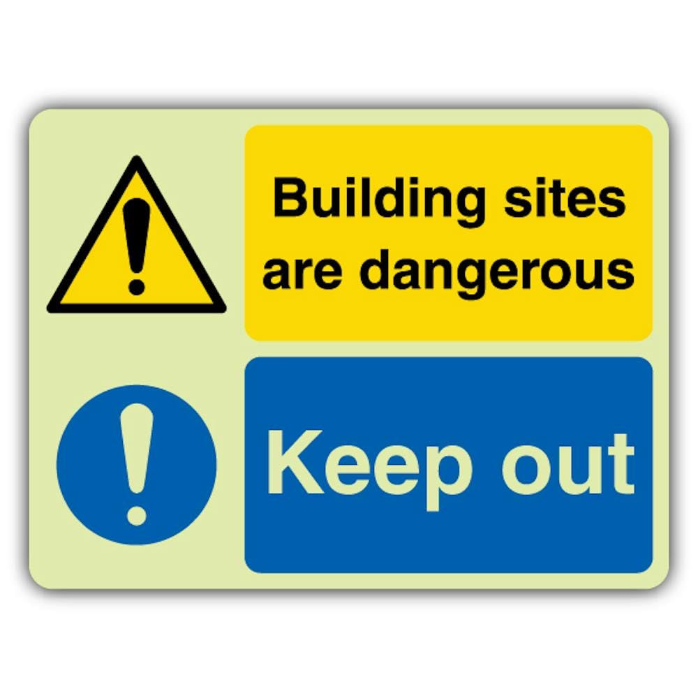 V Safety - Señal de seguridad que brilla en la oscuridad para construir sitios son peligrosos, 800 x 600 mm, hecha de vinilo autoadhesivo de doble brillo, señalización de advertencia de peligro
