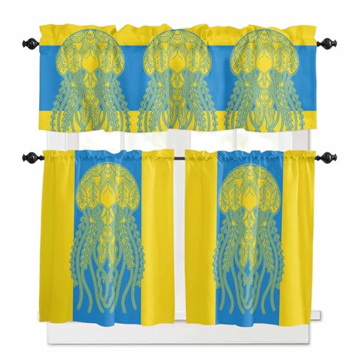 Jellyfish Blue Kitchen Curtains 36 Inch Length,3 Piece Rod Pocket Small Half Tiers and Valance Set,Boho Tropical Yellow Stripe Summer Abstract Small Large Window Treatment Decor for Bedroom/Bathroom