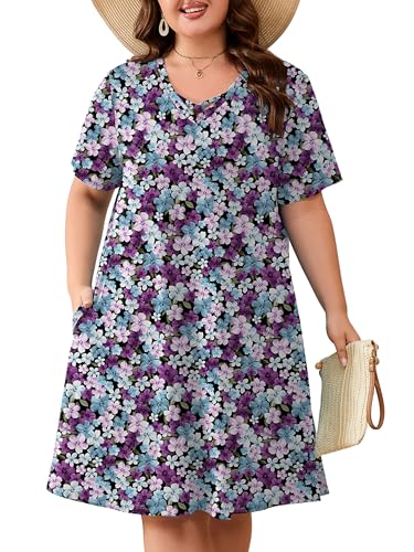 Image of AusLook Plus Size Midi Dress for Women Short Sleeve V Neck Criss Cross A Line Summer Casual Vacation Sundresses with Pockets