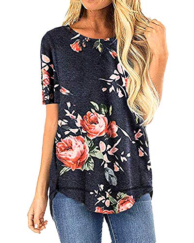 LaLaLa Women's Summer Shirts Casual Loose Crewneck Side Split Tunic Short Sleeve T-Shirts Tops (S, B-Black Floral)