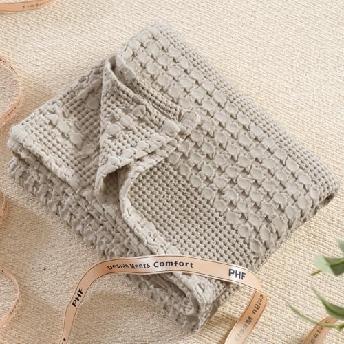 Image of PHF 100% Cotton Waffle Throw Blanket for Couch, Lightweight Breathable and Soft for Summer, Luxury Aesthetic Waffle Weave Blanket for Home Decor & Office, Gifts for Women, 50 inchx60 inch, Pearl Gray