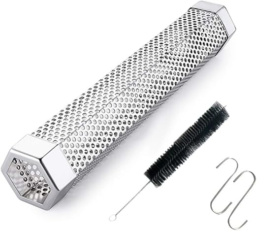 Pellet Smoker Tube for Grilling, 12 inches Premium Stainless Steel BBQ Wood Pellet Tube Smoker for Gas Charcoal Electric Grill or Smokers, Hexagonal with 2 S Shape Hooks and 1 Cleaning Brush
