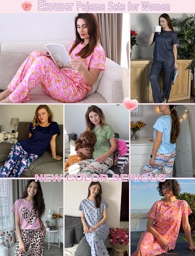 Image of Ekouaer Pajama Sets for Women Round Neck Pjs Short Sleeve Sleepwear with Long Pants Loose Lounge Sets