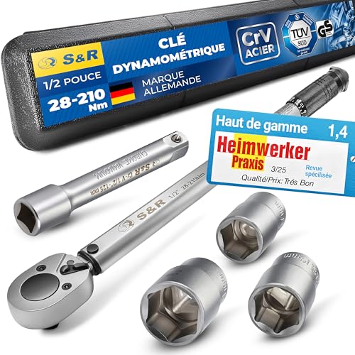 S&R Clef Dynamometrique Voiture Clé Dynamométrique 1/2 Voiture Moto Professionnelle (28-210 Nm) Cliquet carré Reversible + Rallonge et 3 Douilles.