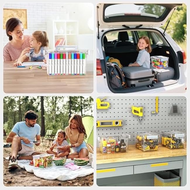 Plastic Storage Bins with Lids Stackable organization and Storage Containers for Organizing Snacks, Crafts, Tools Clear Storage Box with Latching handle(Clear, 2PCS-4.5QT 2PCS-8.5QT)