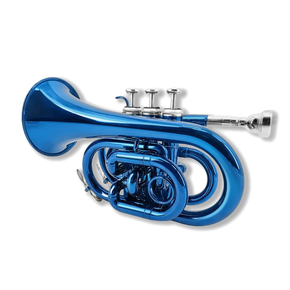 Trompette de poche musicale en si bémol standard pour trompette en cuivre laqué avec embouchure 7 C, étui rigide et embouchure (bleu)