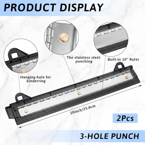 Image of 2 Pcs 3 Hole Puncher for Binder Portable 3 Hole Puncher for Ring Binders with 10 inch Ruler 5 Sheets Capacity for Office and School Supplies (Black)