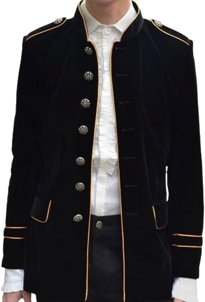 Mens Black Military Style Yellow Piping Jacket Gothic Fashion Coat