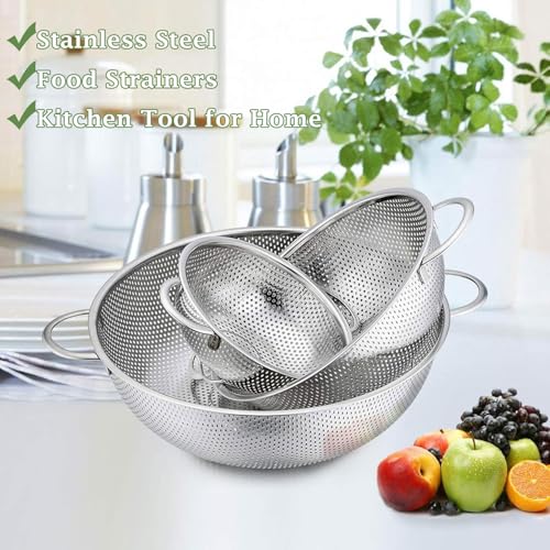 Set of 3 Stainless Steel Colander, 1/3/5Quart, 16/22/25cm Metal Sink Colander Strainer with Handle, Perforated Strainer for itchen/Draining Pasta/Rinsing Vegetables Fruits, Heavy Duty - Image 4