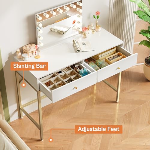 Image of SUPERJARE 39.4 inch White and Gold Desk with 2 Drawers, Modern Makeup Desk