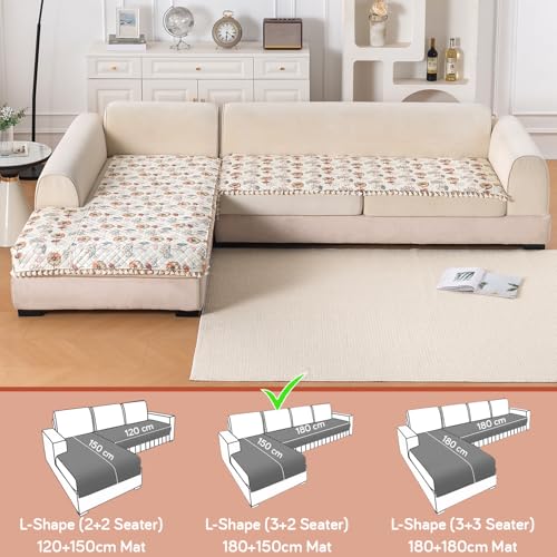 Image of HOKIPO Wildflower Breeze L Shape (3+2 Seater) Sofa Seat Mat with Tassel| Quilted Sofa Cover Mat, 'Tassel Twigs' Series (IN-984-T7 + IN-986-T7)