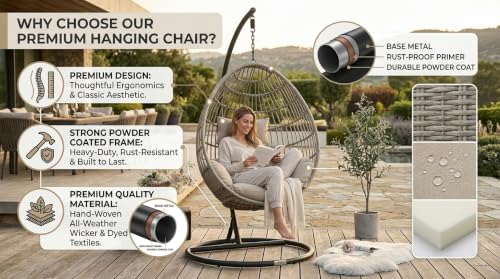 Image of UNIVERSAL FURNITURE Hanging Egg Swing Chair with Stand, Woven Wicker Rattan Style Swing with Cushion, Freestanding Indoor Outdoor Hanging Chair for Patio, Balcony, Garden & Porch (Beige Rope)