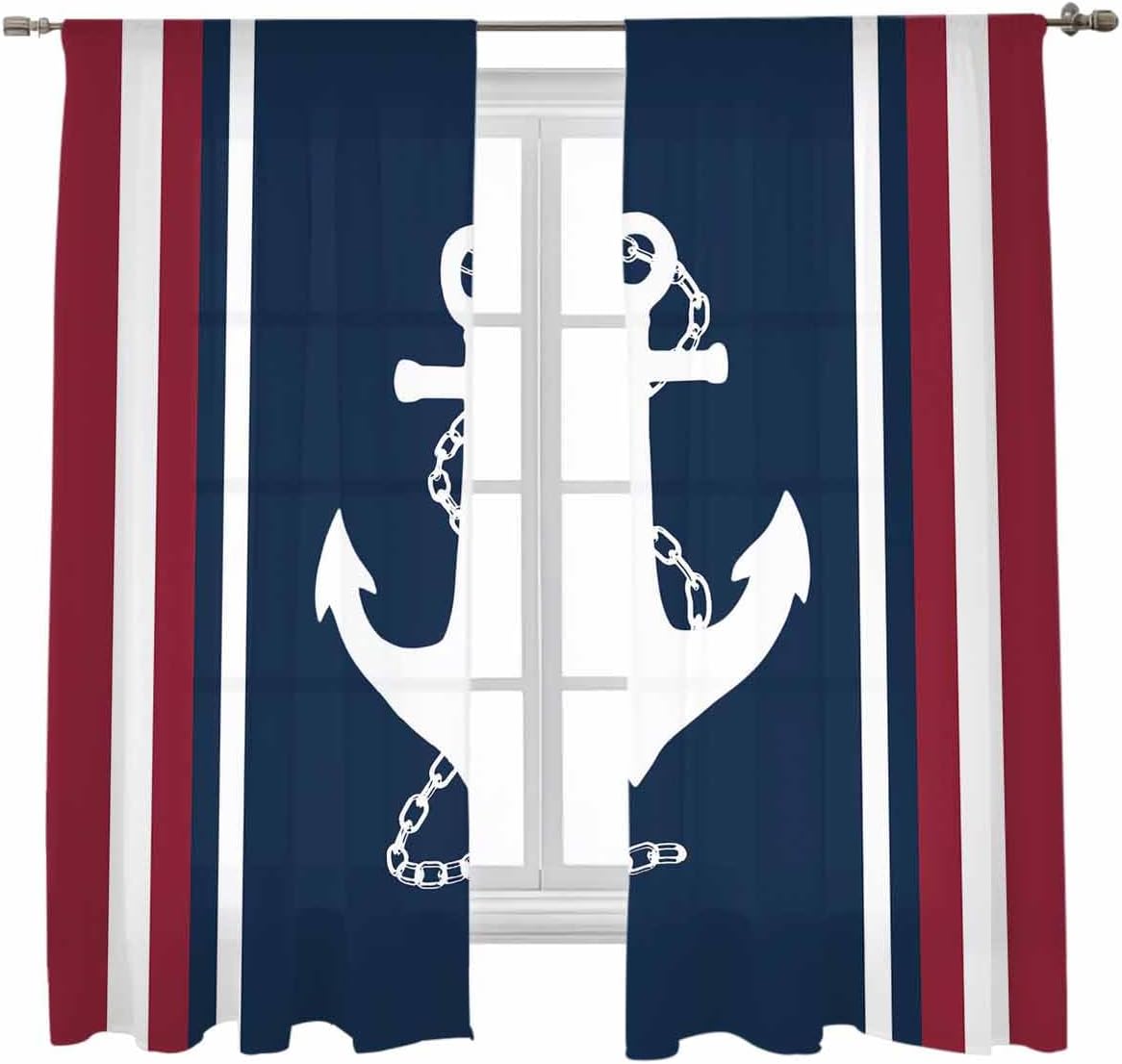 Savannan 2 Panels Semi Sheer Curtains, Nautical Anchor Red White Stripes Navy Blue Window Treatment Rod Pocket Voile Panels for Living Room, Bedroom,Yard, Kitchen, 52"x63"
