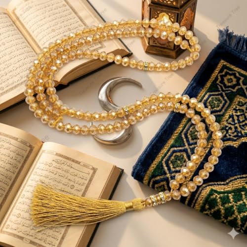 Image of Islamic Salat Prayer Tasbih - 100 Crystal White Beads - Tasbeeh for Dhikr, Zikr, and Meditation (Golden)