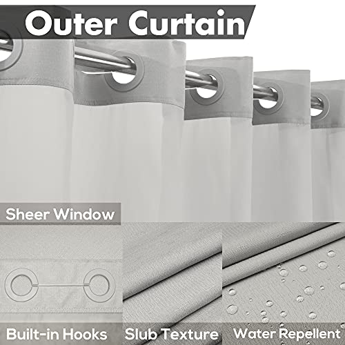 Extra Long No Hook Slub Textured Shower Curtain With Snap-In Peva Liner Set - 71" X 86"(84"), Hotel Style With See Through Top Window, Grey Fabric Curtain & Waterproof Liner, Gray, 71X86 #TOP2