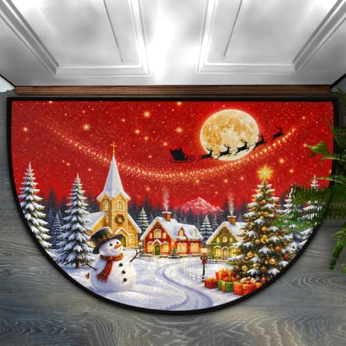 Image of Half Round Doormat Washable Kitchen Semi Circle Rug Christmas Snowman deer