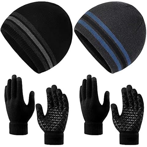 KUTTOR 4 Pieces Winter Warm Beanie Hat Gloves Set Knitted Beanie Skull Cap Touchscreen Mitten Gloves for Men and Women Black, Grey Cover