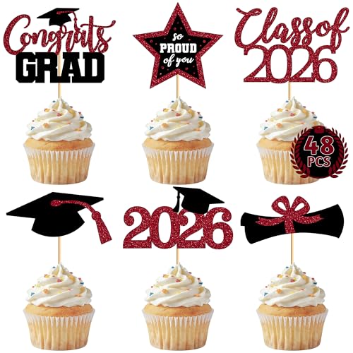 Image of 48 PCS Graduation Cupcake Toppers 2026, 6 Styles Grad Cake Topper, Congrats Graduation Decorations, Black and Burgundy Glittery Cap and Diploma Cake Picks for Grad Party Decor Supplies