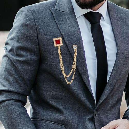Image of Gold /Silver Crystal Geometry Brooch Lapel Pin for Men Rhinestone With Hanging Chain Brooch for Men Suit Fashion Tuxedo Tie Hat Scarf Collar Pins for Men Women Gifts
