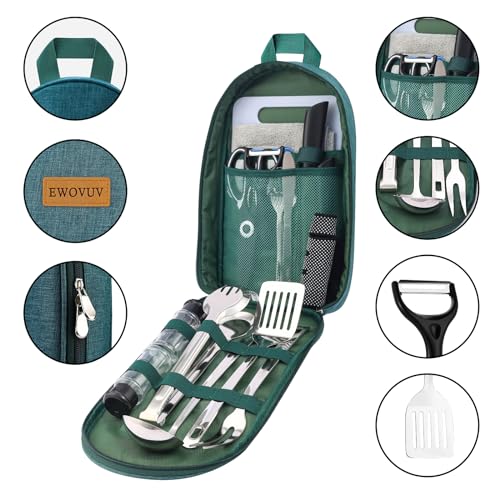 Camping Cooking Utensils Set- Camping Essentials Cookware Camp Accessories Gear Must Haves Camper Tent Camp Kitchen Rv Gadgets Outdoor Stove Portable Picnic Gifts for Women BBQ Stuff (Green) - Thumbnail 4