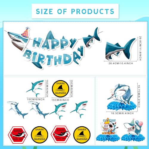 Image of Shark Birthday Party Decorations, 13Pcs Shark Banners Hanging Swirl Birthday Honeycomb Centerpiece, Under The Sea Themed Party Decorations for Boys