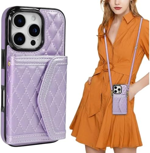 RhyNew Crossbody Wallet Case for iPhone 16 Pro with Card Holder, PU Leather Kickstand Card Slots Case, RFID Blocking with Strap Lanyard Folio Cover for iPhone 16 Pro 6.3