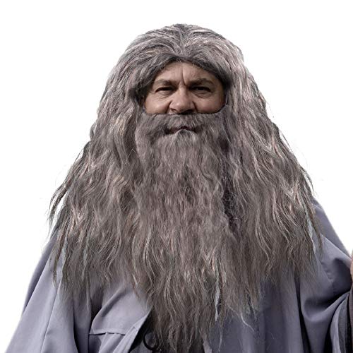 Halloween Wizard Wig and Faux Beard Set Party Costume Cosplay Accessory for Women Men, Grey