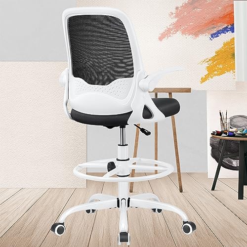 KERDOM Silla de oficina ergonómica, silla de escritorio con reposabrazos plegables y soporte lumbar, silla giratoria de altura ajustable con anillo para reposapiés, adecuada para el hogar y la oficina