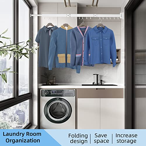 Kelisiting Retractable Clothes Drying Rack,3 Fold White Laundry Drying Rack,Wall Mounted Clothes Hanger,Space Saver,Foldable Durable,For Balcony,Laundry,Bathroom,Patio,Apartment,Dormitory #TOP1