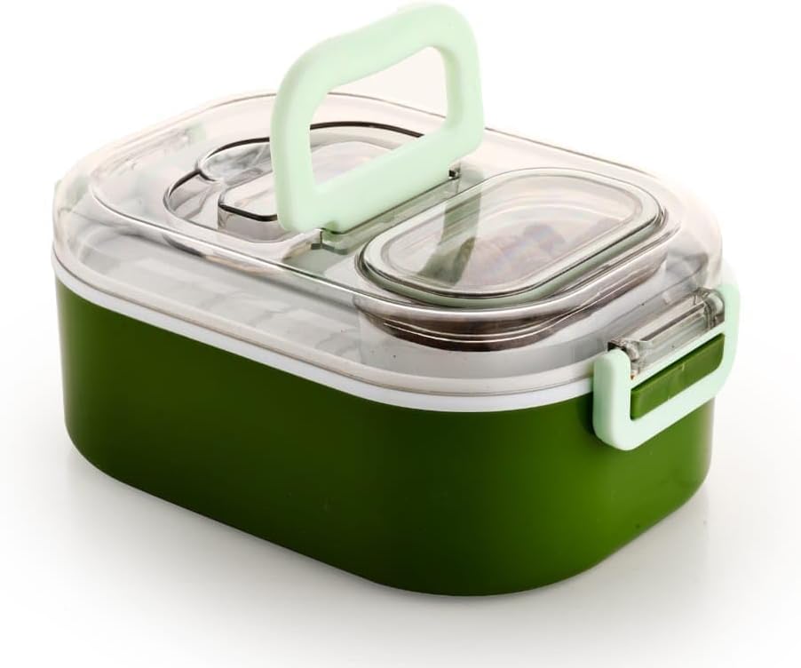 - Plastic Mighty Lunch Box for Kids & Adults – 900ml + 100ml – Multicolor | Includes 1 Baby Spoon & Small Container | BPA-Free, Anti-Spill Lid, Food Grade | Ideal for School, Office & Travel