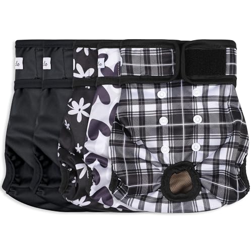 Image of Washable Female Dog Diapers (5 Pack) - Doggie Reusable Small Medium Large Dog Diapers for Doggy Puppy Female in Period - Highly Absorbent Dog Heat Panties,S Plus,Black Set
