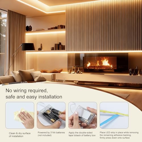 Image of ZSLAIFU Battery Powered LED Strip Lights, 3.3FT COB LED Strip Light, Battery Operated LED Lights, Warm LED Strip Lights Battery Powered for Closet, Cabinet, Shelf, Kitchen, DIY Lighting