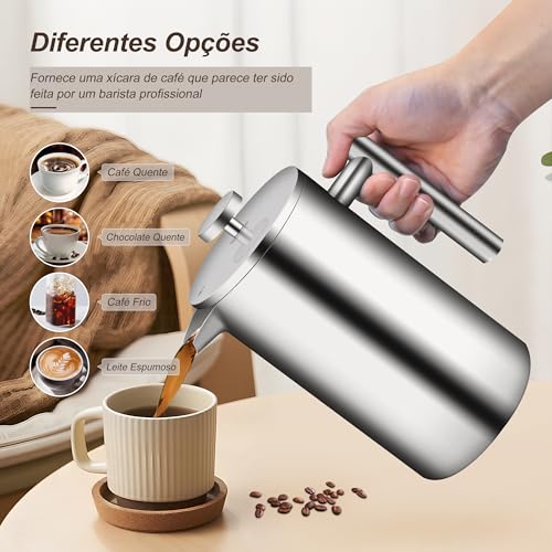 Cafeteira De Prensa Francesa De Aço Inoxidável 304, Cafeteira De Prensa Francesa De 1000ML Com Filtr