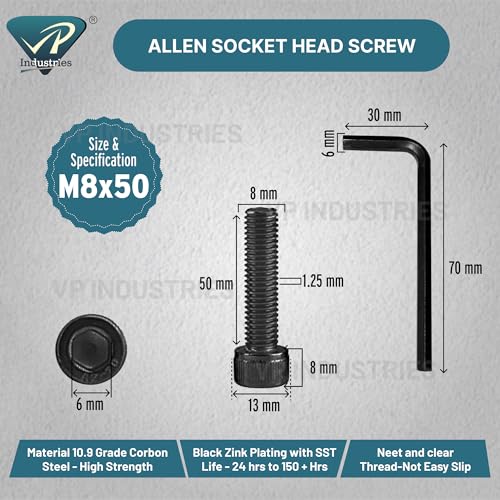 Image of By inchVP INDUSTRIES inch (Pcs-15) M8X50 mm Socket Cap Allen Head Screw Black Zinc Finish | Allen Key Head Hex Socket Bolt for Furniture Assembly, DIY & Industrial FasteningWork