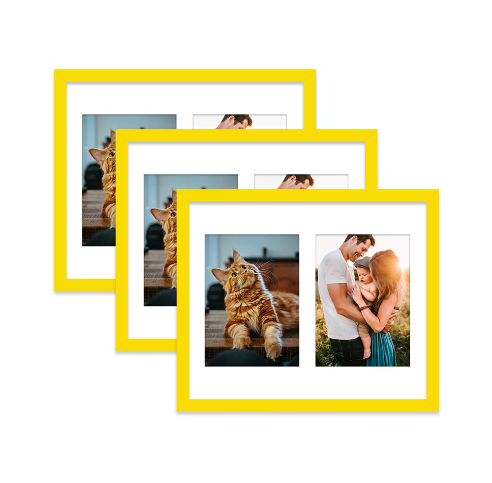 Yellow Multi Photo Frame - Holds 2 x 7x5 Pictures, Family Collage Picture Frame for Wall Display, 12x10 Frame size, Set of 3