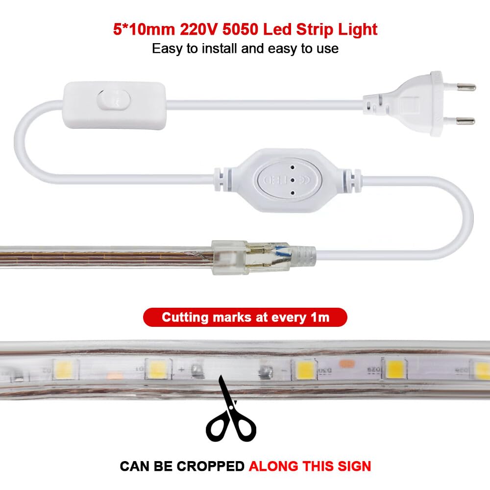 Tira LED 220V con encendido/apagado [30M, Blanco 6000-6500K],IP67 impermeable flexible,SMD5050,60 LEDs/m Guirnaldas luminosas CRI85+,decoración para cocinas,dormitorios,techos y tiendas