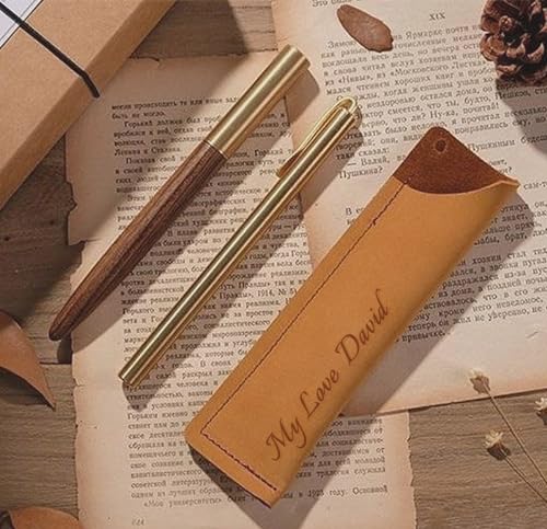 Image of Personalized Genuine Leather Pen Case Holder, Customziable Name or phrase Pens Fountain Pouch Cover, Large Double Pencils Protective Sleeve