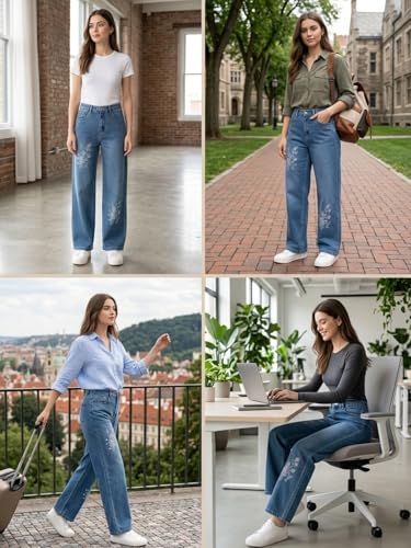 Image of GRECIILOOKS Embroidery Jeans for Women| Women's Summer Wide Leg Denim Jeans | High Waist Straight Fit Casual Pants for Office, Vacation & Everyday Wear