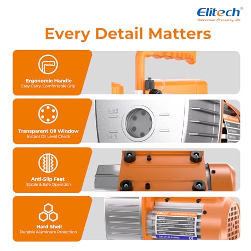 Elitech Professional HVAC Bundle: NVP-3 3CFM Vacuum Pump + Heavy Duty Charging Hose + Valve Core Tool – Complete Evacuation & Maintenance Kit for AC/Refrigeration Systems miniatura 5