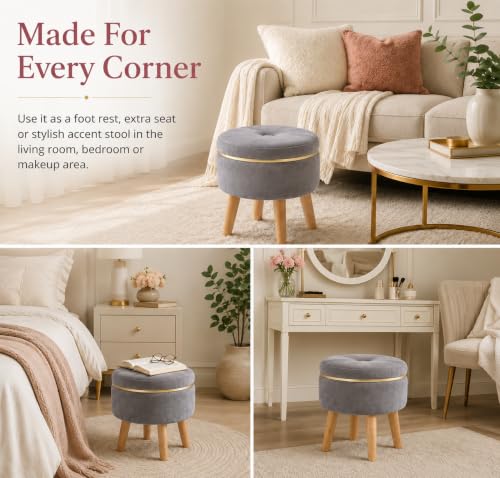Image of Ottoman Stool for Living Room Foot Rest | Velvet Small Ottoman Foot Stool | Solid Wood Legs | Footstool Puffy for Home, Bedroom & Makeup Table | 30 x 30 cm (12 x 12 Inch) | Grey