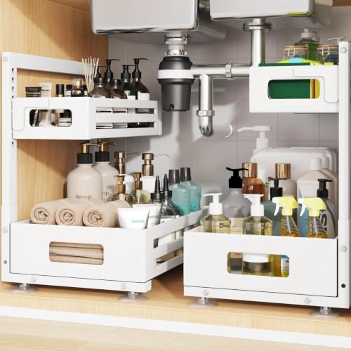 Image of 2 Pack Under Sink Organizer,Pull Out Cabinet Organizer With Smooth Cylindrical Rail,Metal Slide Out Drawer for Kitchen Bathroom Laundry Cabinet,8-Level Tool Free Height Adjustable-White