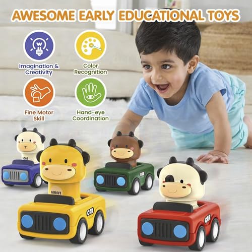 Image of Kidology Press & Go Friction-Powered Cars for Toddlers - Animal Mini Racing Car, Push & Go Vehicle for Early Learning, Fun Toy for 0-3 Years Babies & Kids - Pack of 1 (Random Character)