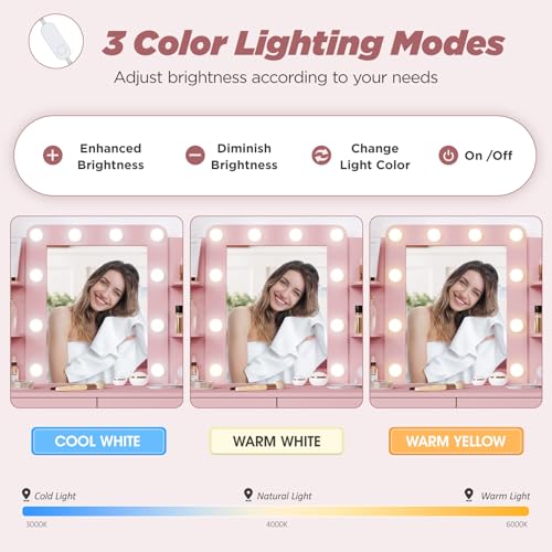 Image of Vabches Vanity Desk with Lights,Makeup Vanity with Power Strip,Dressing Table Set with 2 Large Drawers,Vanity Mirror 3 Lighting Color Adjustable,Pink
