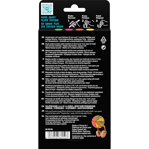 Image of Faber-Castell 285505 Acrylic Marker Shake&Paint Black Edition, 4 Acrylic Pens, Marker with 2 Round Tips (3 mm and 1 mm) | Acrylic pens with double tip (1 mm and 3 mm) for paper, wood, glass, stone and more