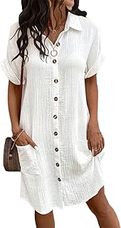 Cobiako Vestido de verano casual de manga corta para mujer, holgado, cuello en V, botones, vestido de playa con bolsillos