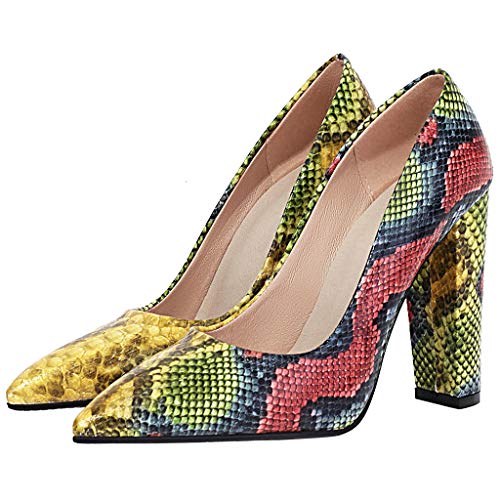 KOKOMOMO Womens Snakeskin Print Pointed Toe Block High Heel Pumps
