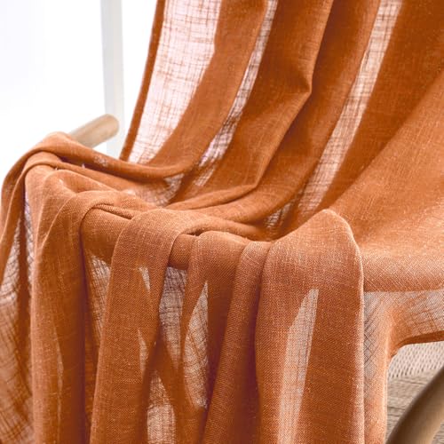 MIULEE Orange Curtains 96 Inch Length 2 Panels for Bedroom Living Room, Soft Thick Linen Textured Window Drapes Semi Sheer Light Filtering Back Tab Rod Pocket Burlap Look Fall Boho Decor